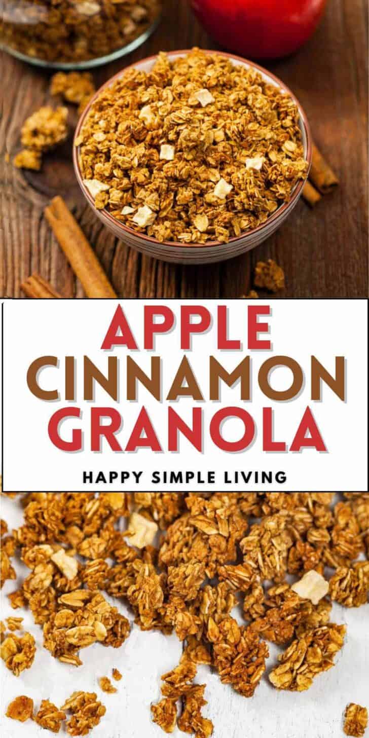 A bowl of apple granola with a cinnamon stick, and close up of homemade granola.