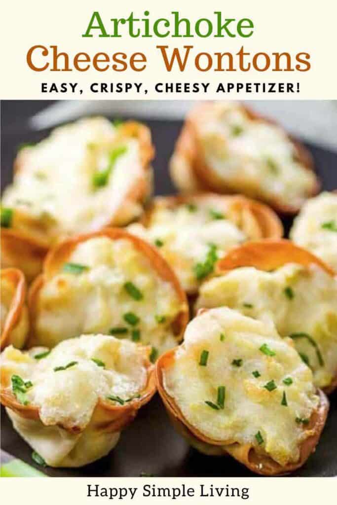 Close-up of golden-brown artichoke cheese wontons garnished with chopped herbs, arranged on a plate. The text above reads, Artichoke Cheese Wontons: Easy, Crispy, Cheesy Appetizer! Below, it says, Happy Simple Living.