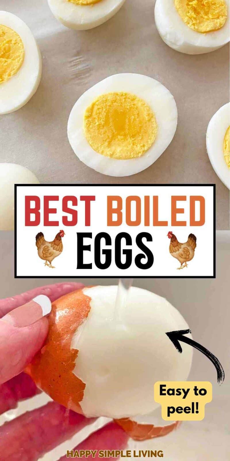 Five hard boiled eggs cut in half, and a hand peeling an egg under running water.