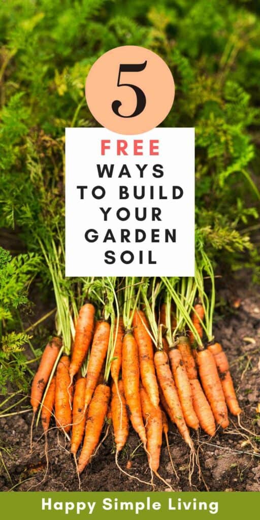 A bunch of freshly harvested carrots on soil. Overlaid text reads 5 Free Ways to Build Your Garden Soil. At the bottom, Happy Simple Living is written.