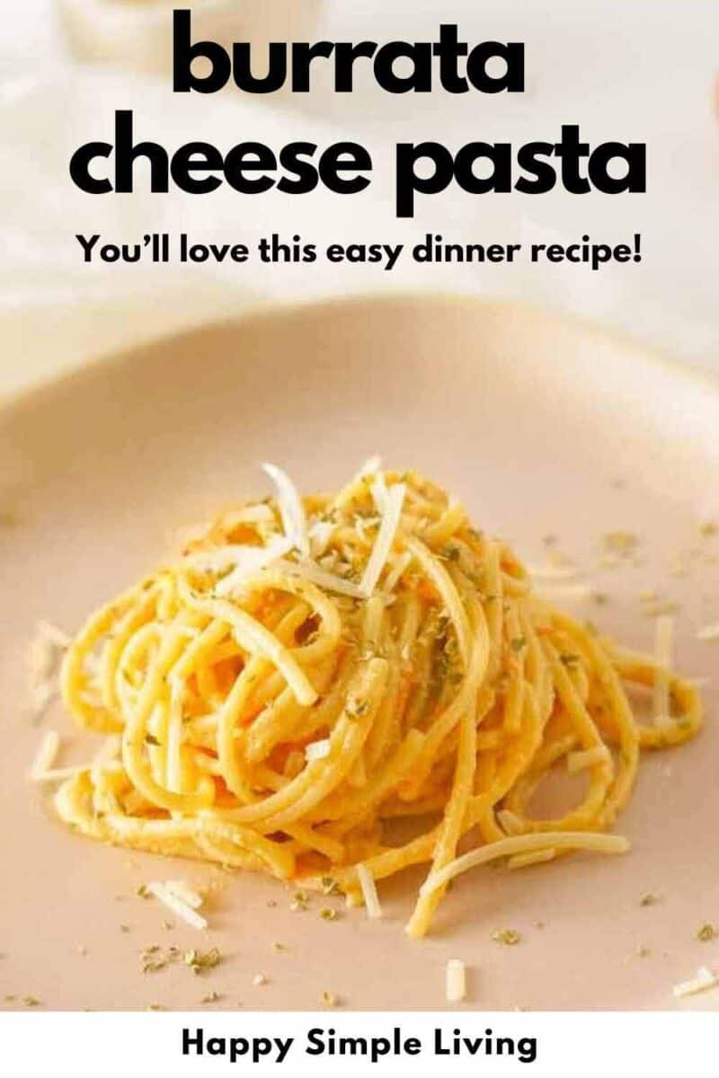 A serving of burrata cheese pasta on a serving plate.