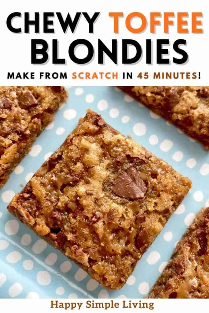 A chocolate toffee blondie on a blue and white platter.