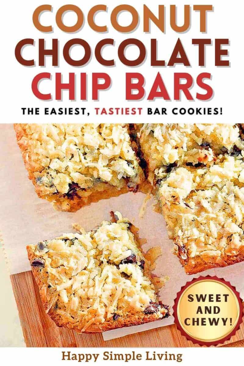 Four coconut chocolate chip cookie bars on a cutting board.