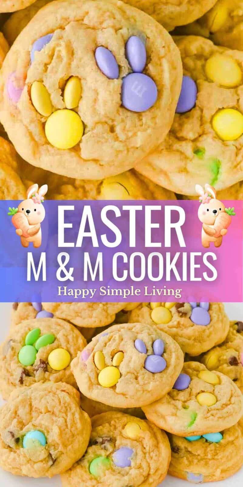 Stacked Easter bunny cookies made with M&M candies.