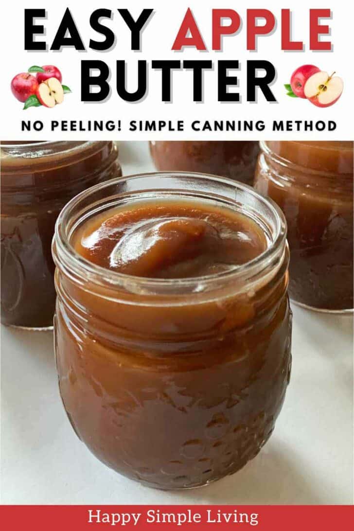 Four Ball jars filled with hot apple butter, ready to be canned.