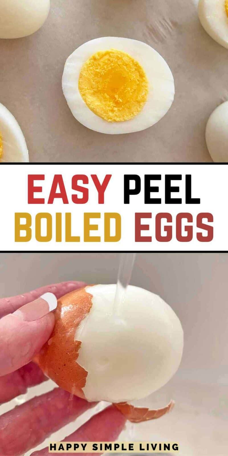 A perfectly cooked halved boiled egg, and a half peeled egg held by a hand.