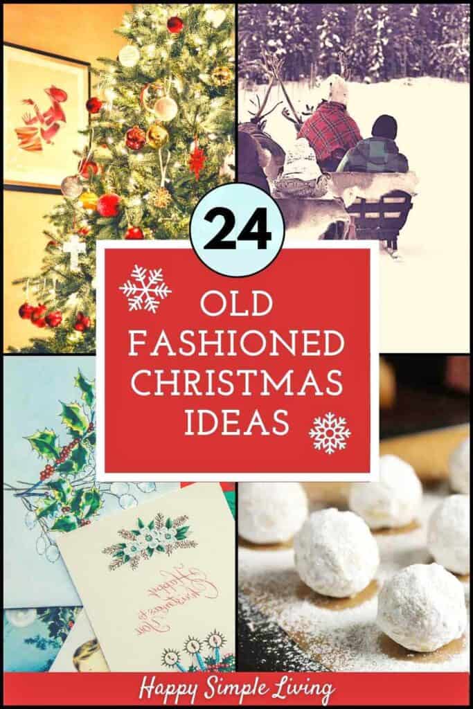 A collage with a Christmas tree, children sledding, Christmas cookies and vintage holiday cards.