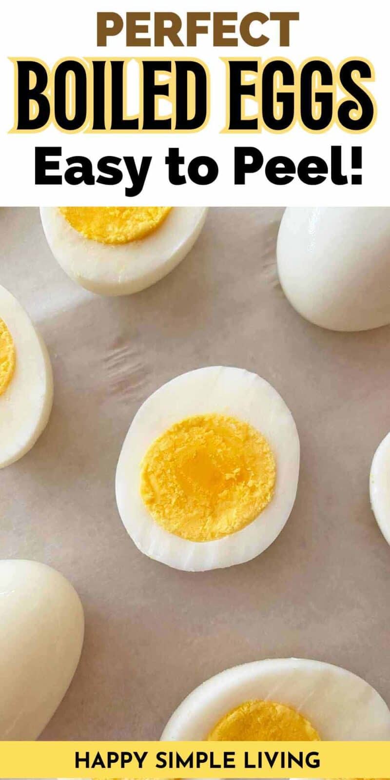 Text reading Perfect Boiled Eggs Easy to Peel and seven hard cooked eggs.