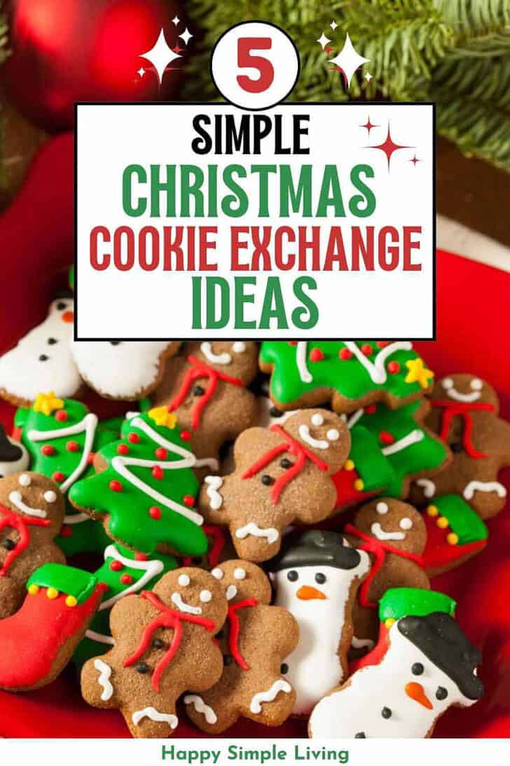 A festive arrangement of Christmas cookies, featuring decorated gingerbread men, Christmas trees, stockings, and snowmen. The image has a sign above reading 5 Simple Christmas Cookie Exchange Ideas.
