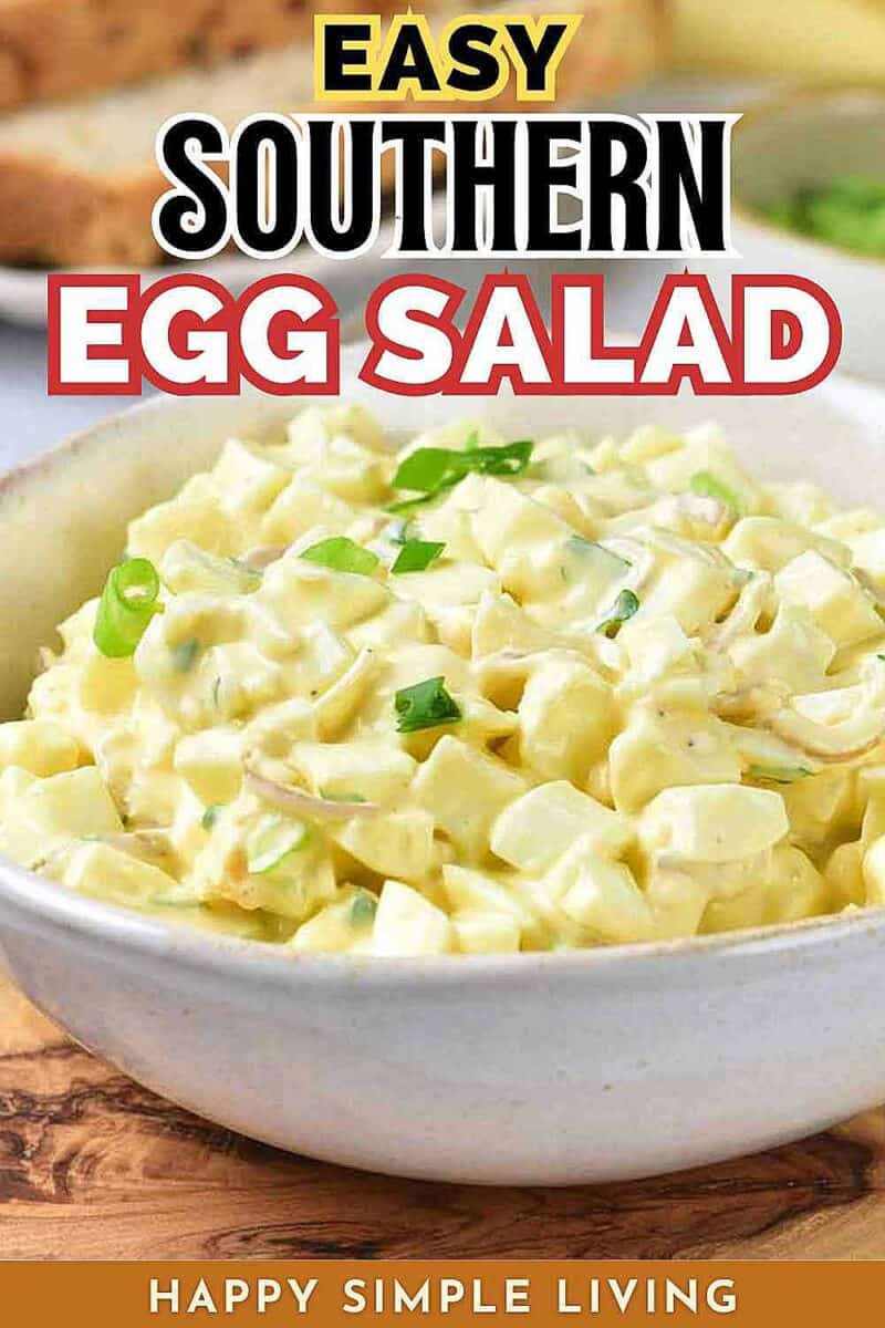 Southern egg salad piled in a white serving dish.