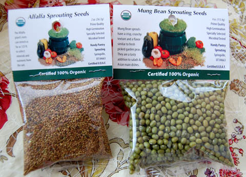 A package of alfalfa seeds and mung bean seeds.