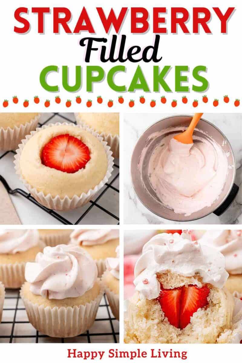 A strawberry inside a cupcake, a bowl of strawberry whipped cream frosting, and finished strawberry stuffed cupcakes.